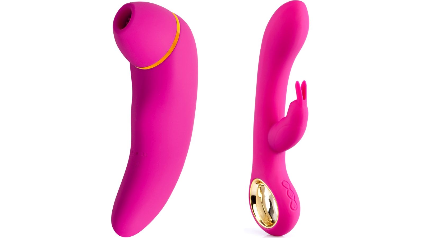 Zwei pinkfarbene Vibratoren. Links: gebogen, goldfarbener Akzent. Rechts: Hasenohren-Design, goldfarbene Akzente.