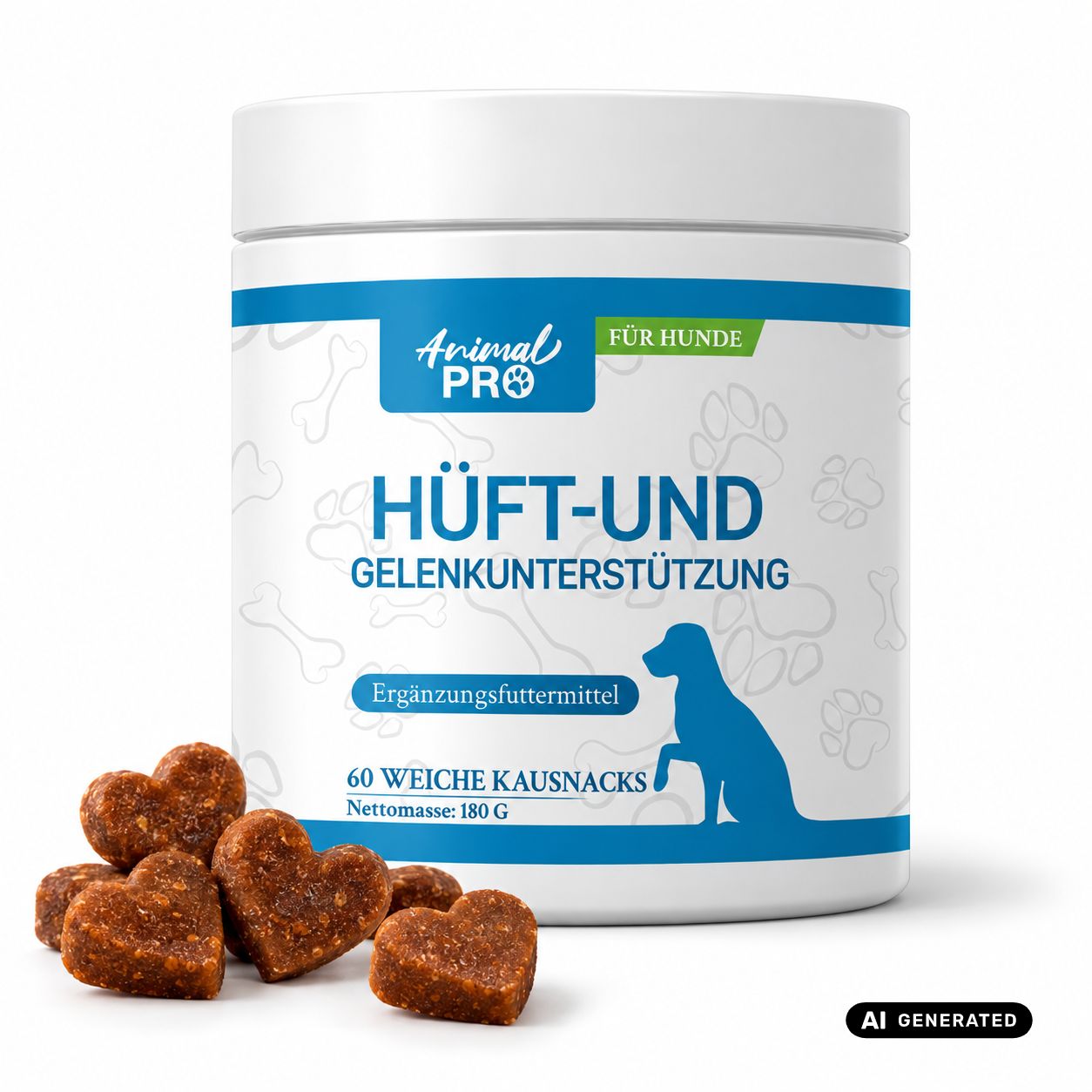 Gelenkunterstützungsprodukt für Hunde, Herz-Snacks, Behälter mit Text und Hundesilhouette.