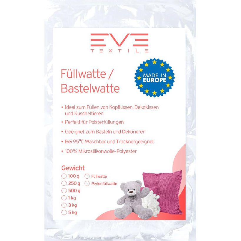 Weiße Füllwatte in einer transparenten Verpackung. Aufgedruckt: EVE TEXTILE, Füllwatte/Bastelwatte, Made in Europe. Produktbeispiele.
