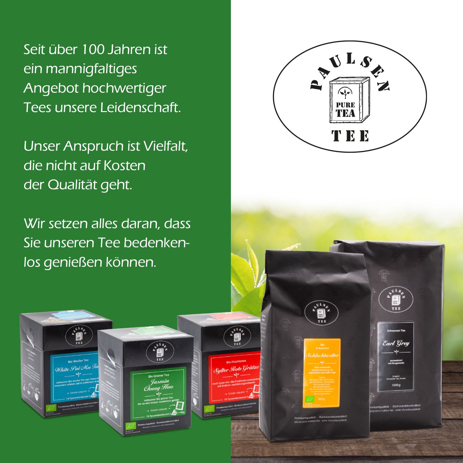 Mehrere Tee-Boxen und -Beutel. Boxen: White Pai Mu Tan, Jasmin Chang Hao, Rooibos Vanille. Beutel: Paulsen Tee.