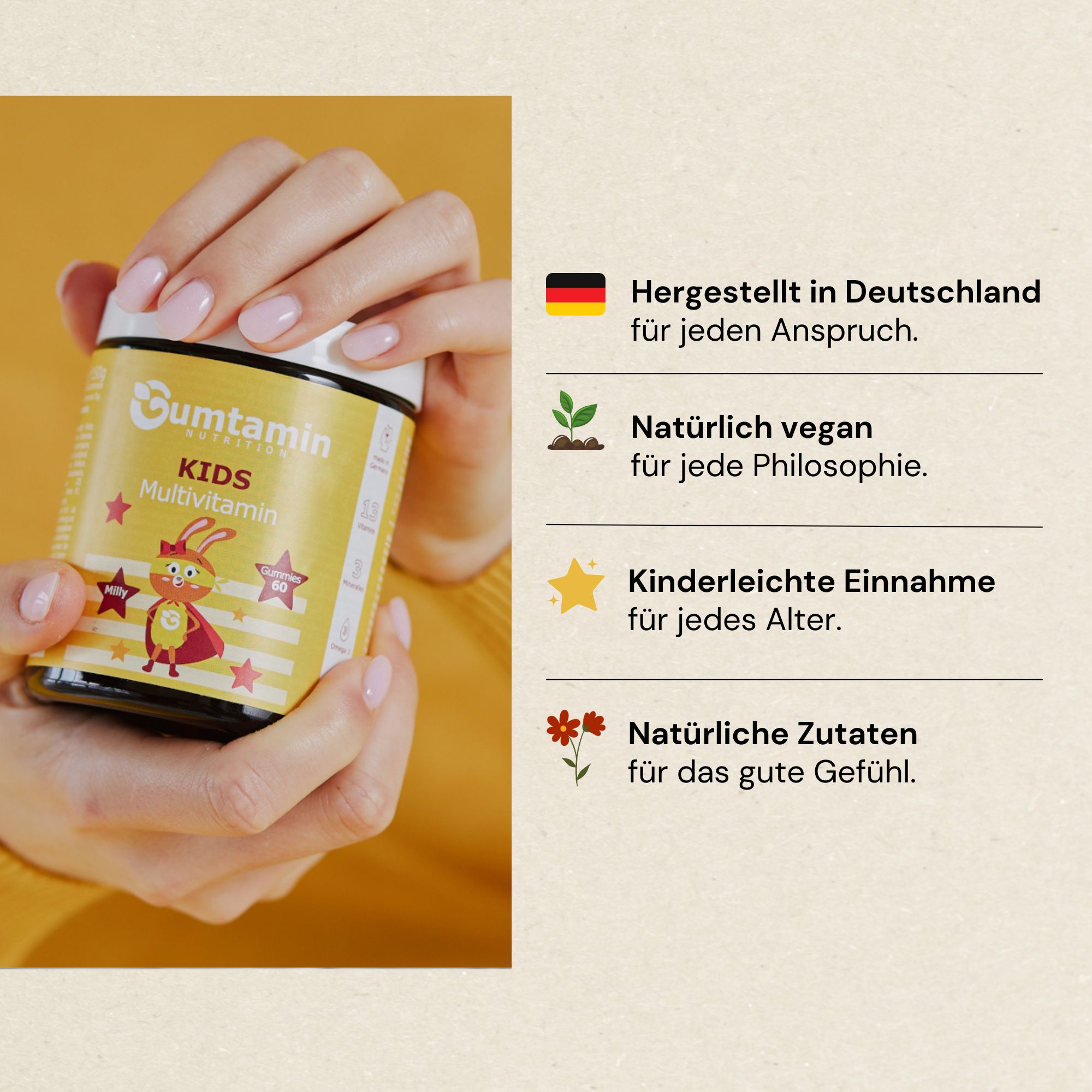 Hand hält eine Dose "Gumtamin Kids Multivitamin". Text: Hergestellt in Deutschland, natürlich vegan, kinderleichte Einnahme, natürliche Zutaten.