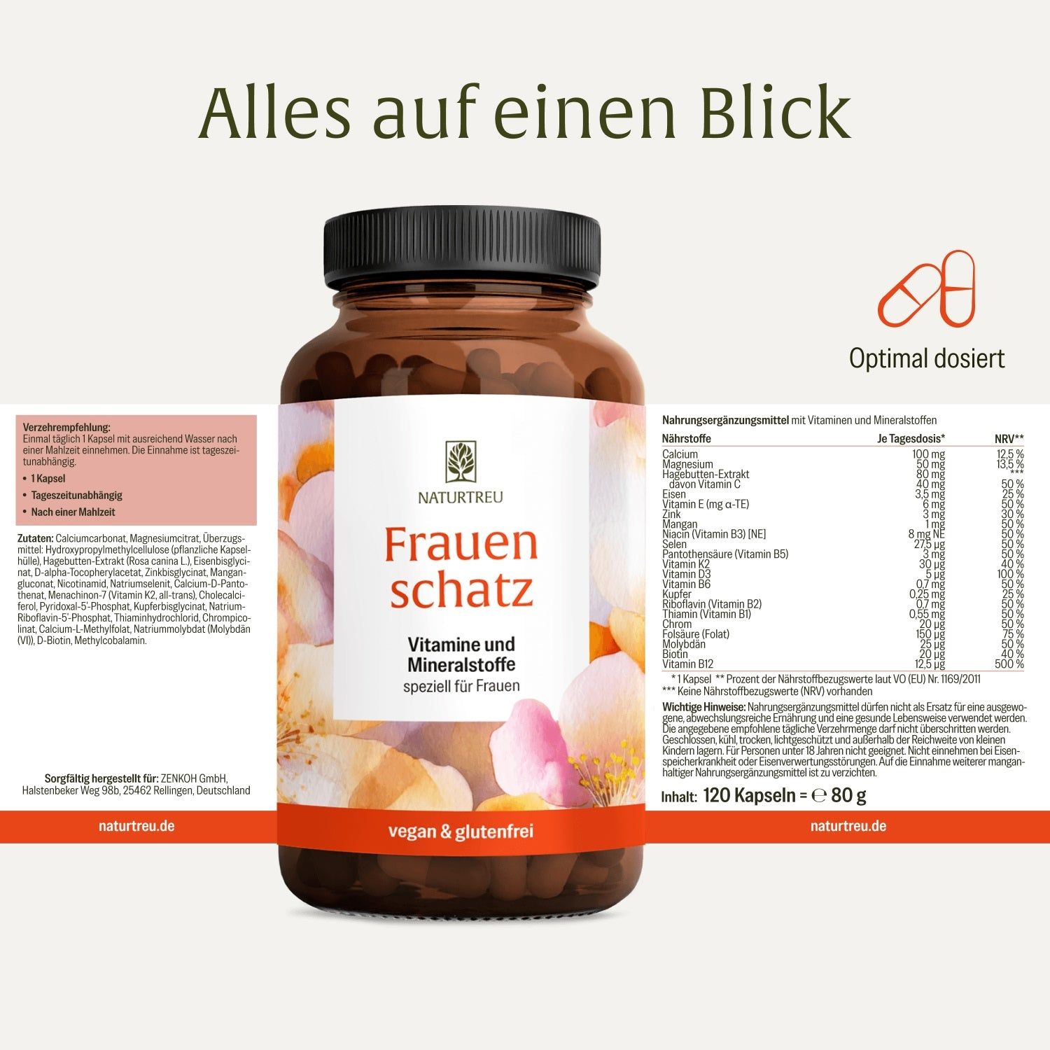 Flasche mit Etikett, das Nährwertangaben und Inhaltsstoffe detailliert auflistet. Kapsel-Symbol oben rechts.