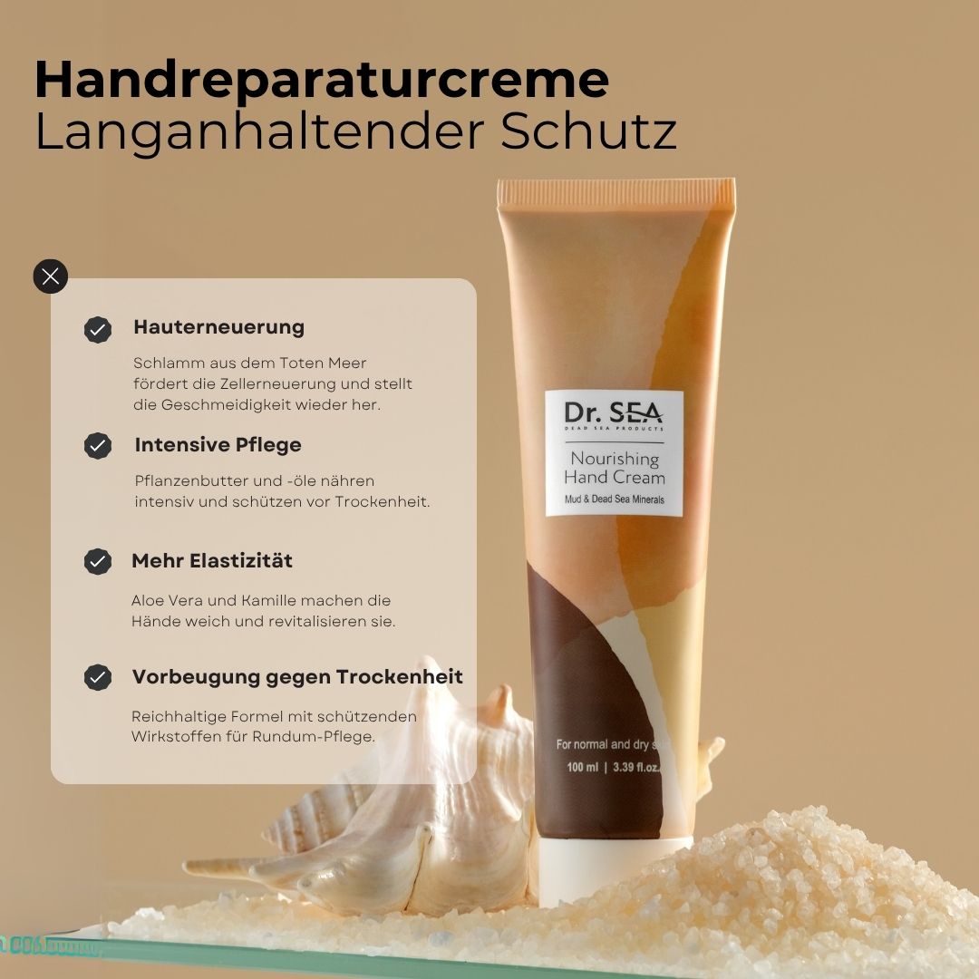 Handcreme-Tube neben Text. Text: Handreparaturcreme, Langanhaltender Schutz. Inhaltsstoffe und Vorteile werden aufgelistet.