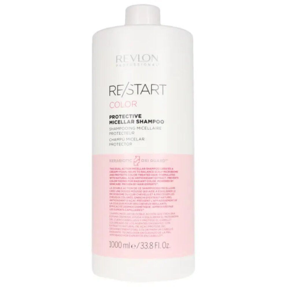 Weißer Shampoo-Behälter mit rosa Etikett. Aufschrift: Revlon Re/Start Color Protective Micellar Shampoo. 1000ml/33.8 fl oz.
