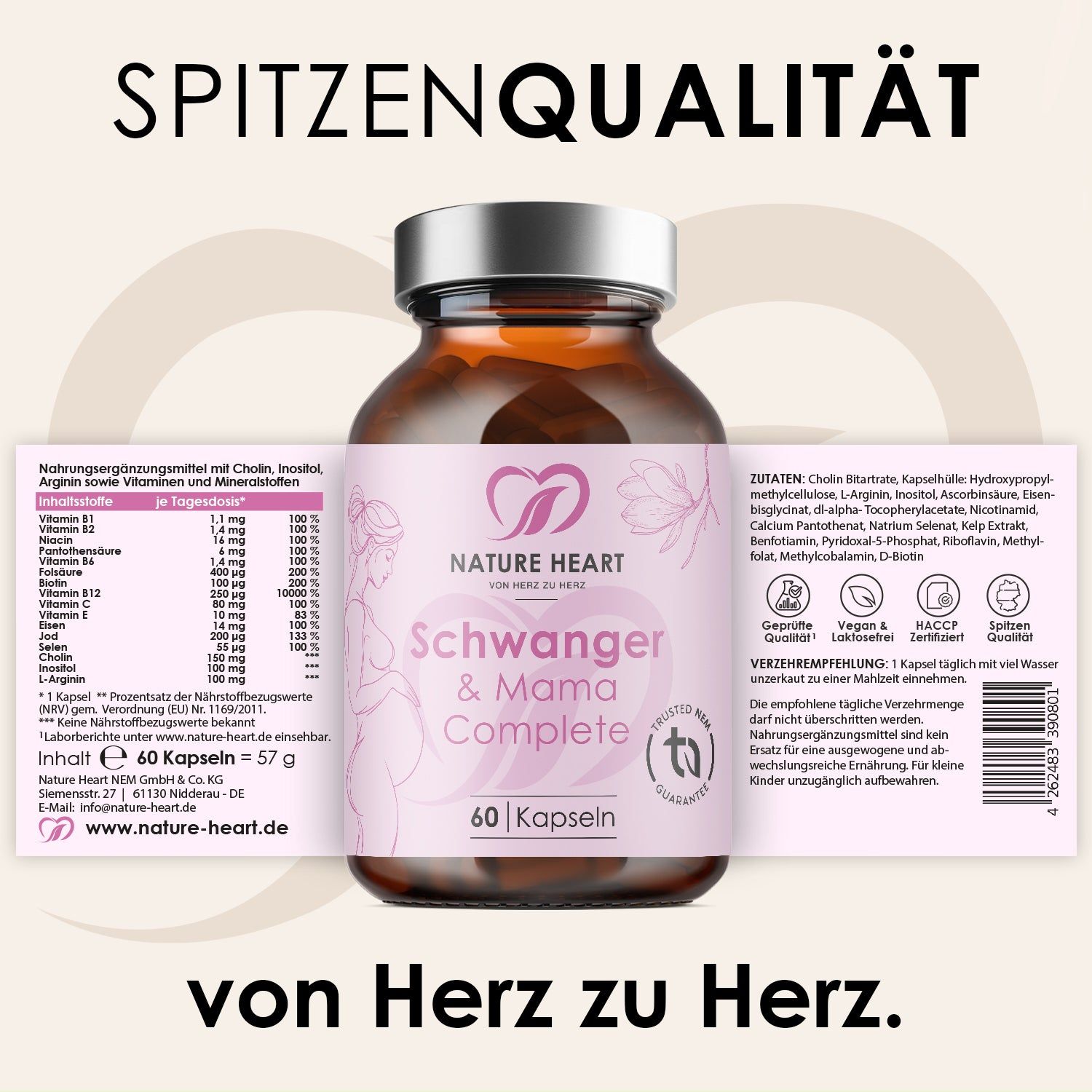 Produktflasche mit Etikett. Aufschrift: Schwanger & Mama Complete, 40 Kapseln. Nährwertangaben, Zutatenliste. Logo: Herz mit Blättern.