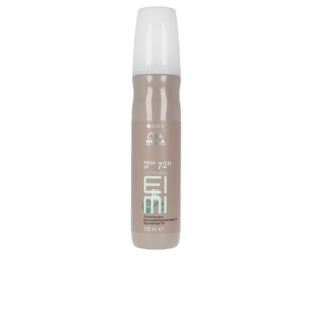 Braune Sprühflasche mit weißem Deckel. Aufschrift: Fresh Up, Nutricurls, EIMI. Marke Wella. Volumen: 150 ml.