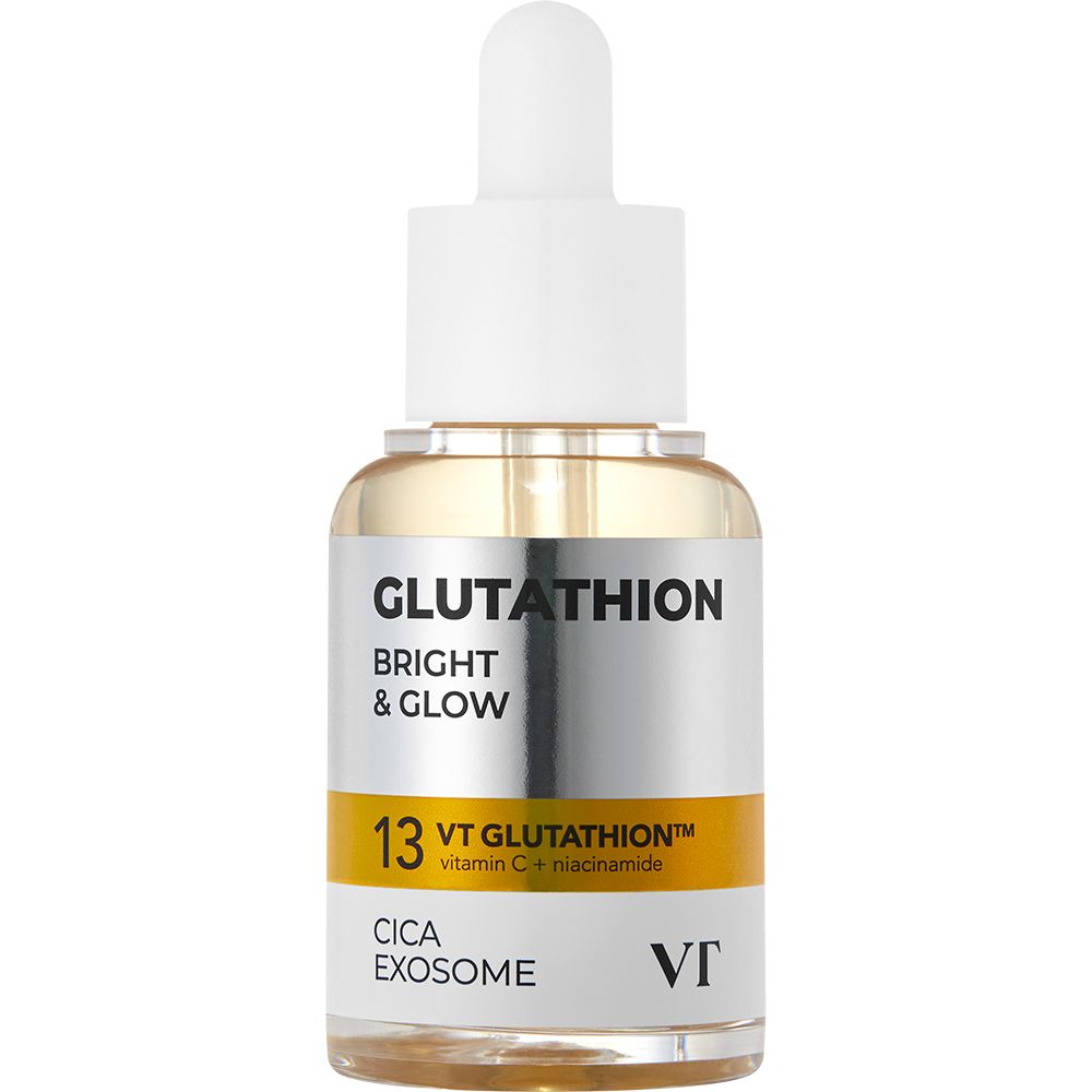 Glasflasche mit Pipette. Aufschrift: Glutathion Bright & Glow, 13 VT Glutathion Cica Exosome. Weißer Deckel.
