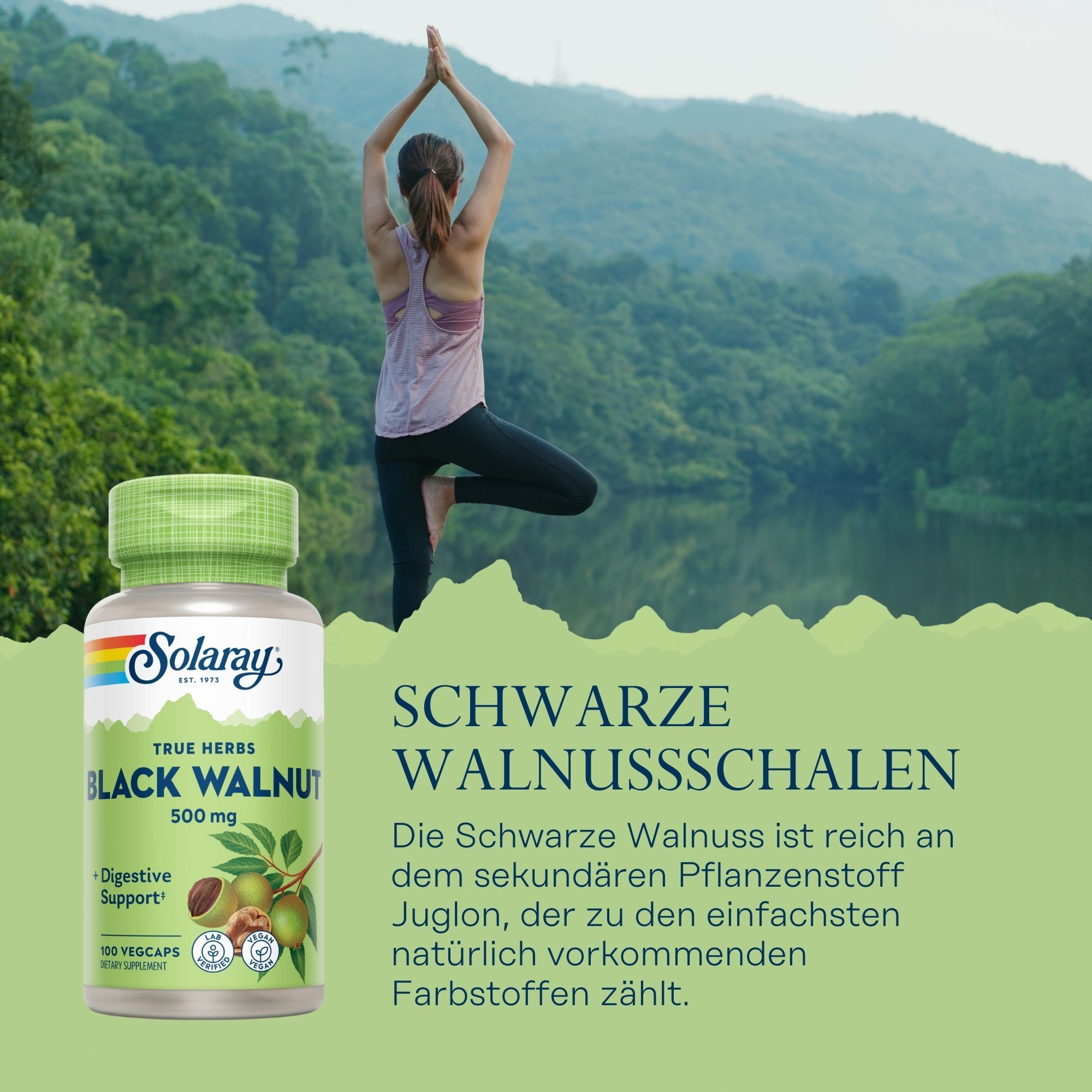 Grüne Flasche Solaray Schwarze Walnussschalen. 100 Vegicaps. Frau macht Yoga. Text: Schwarze Walnussschalen, 500 mg.