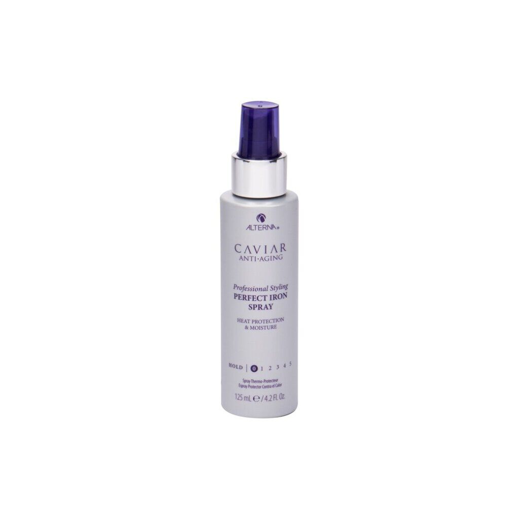 Alterna Caviar Perfect Iron Spray. Silberne Flasche mit lila Sprühkopf. Text: Caviar Anti-Aging, Perfect Iron Spray, Hitzeschutz & Feuchtigkeit.