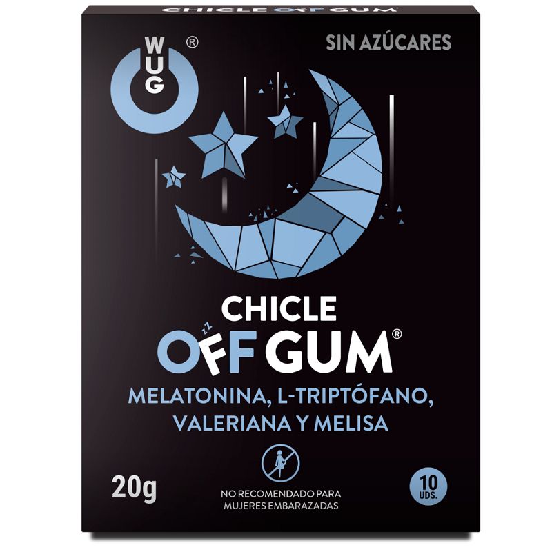 Wug Off Gum Kaugummi-Schachtel mit Mond- und Sternenmotiv. Enthält Melatonin, L-Tryptophan, Baldrian und Melisse.