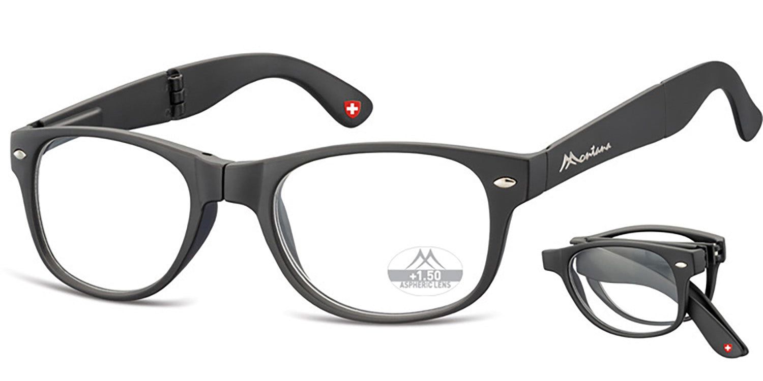 Graue, zusammengeklappte Lesebrille neben geöffneter Brille. Montana-Logo, Schweizer Kreuz. +1.50 Dioptrien. Schwarzer Rahmen.