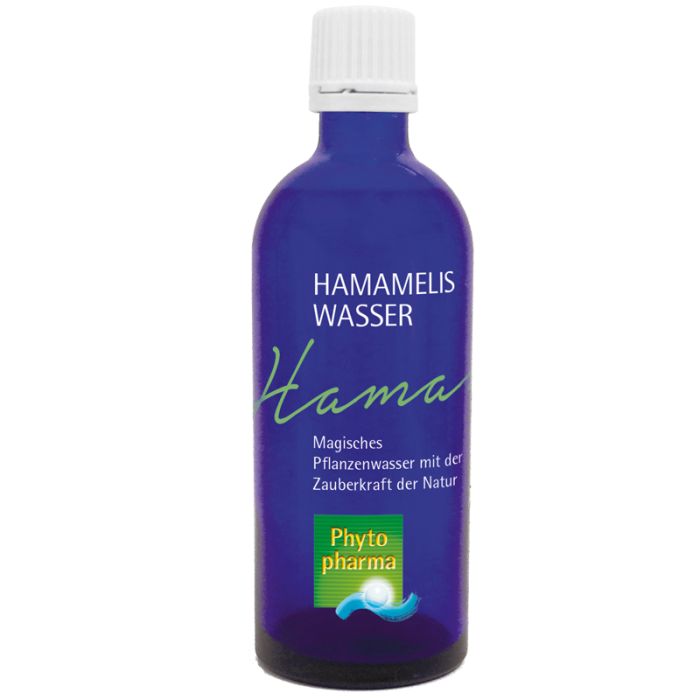 Blaue Glasflasche mit weißem Verschluss. Beschriftung: Hamamelis Wasser, Hama, Phyto pharma.
