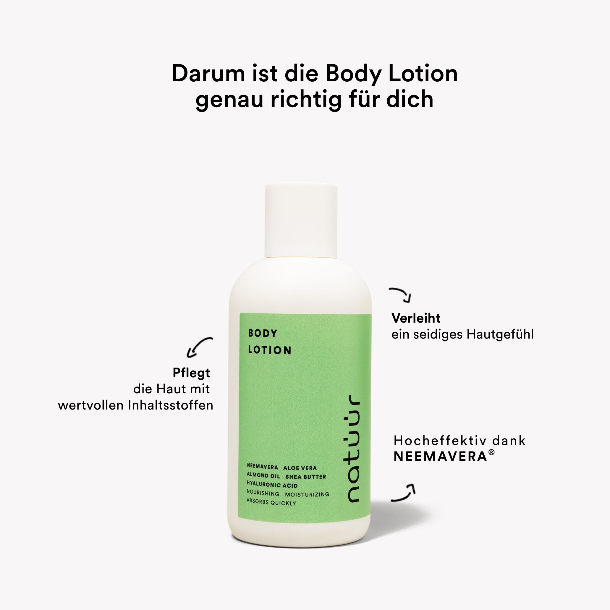 Produktabbildung. Text: Pflegt die Haut mit wertvollen Inhaltsstoffen. Verleiht ein seidiges Hautgefühl. Hocheffektiv dank NEEMAVERA. BODY LOTION, natüür.
