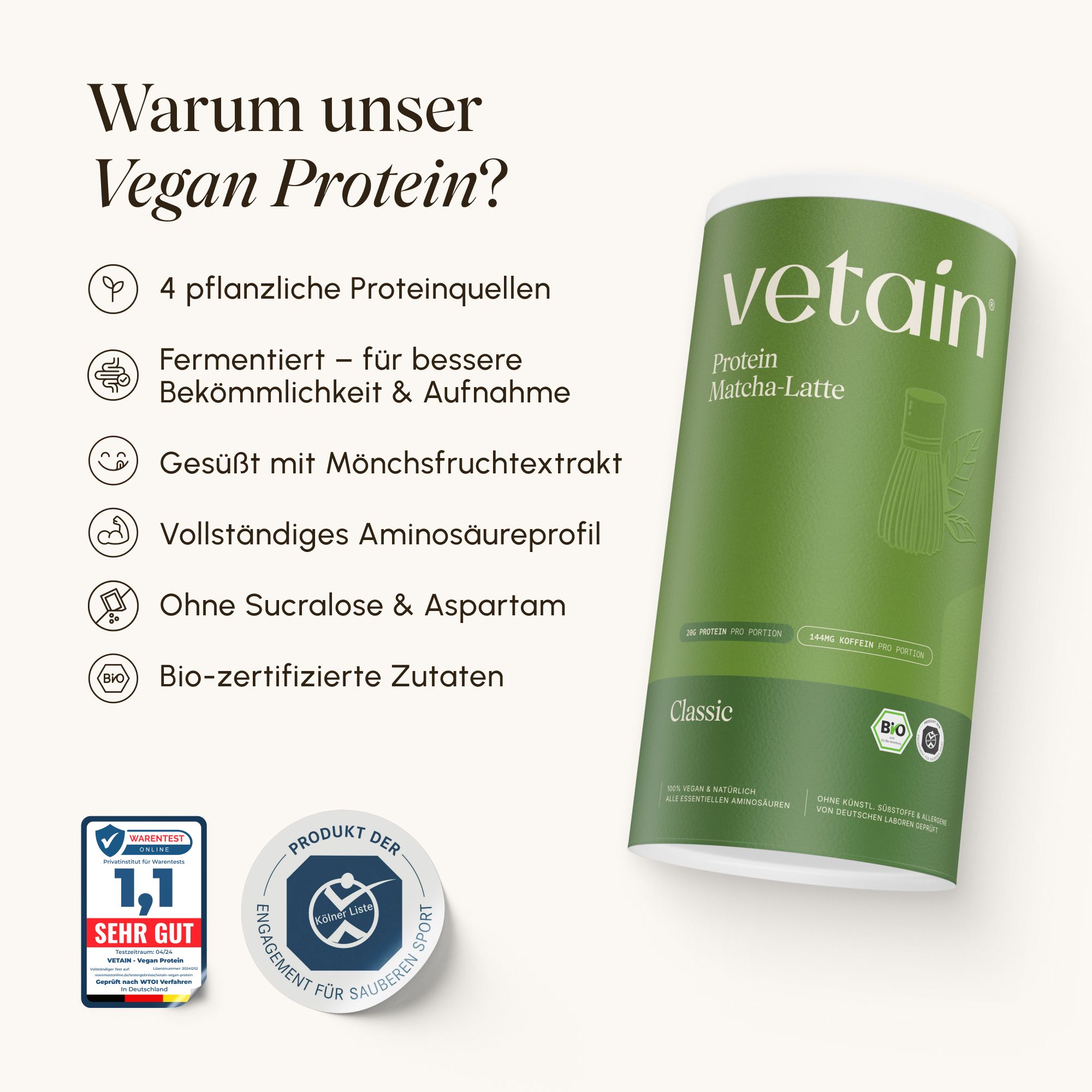 VETAIN Dose neben Liste von Vorteilen: 4 Proteinquellen, fermentiert, Bio.
