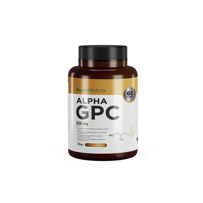Braune Flasche mit schwarzem Deckel. Etikett mit "AvitaNutra", "ALPHA GPC 600 mg" und 60 Kapseln. Chemische Formel.
