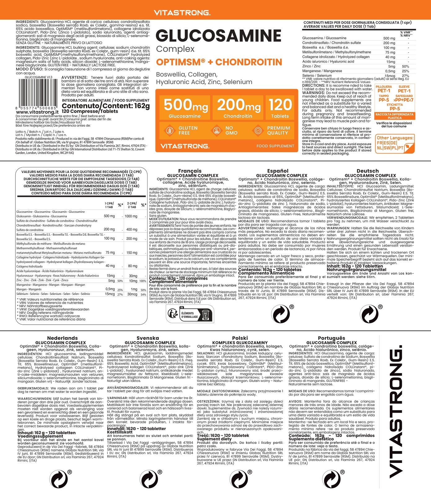 Verpackung von Vitastrong Glucosamin Komplex. Mehrsprachige Informationen. Nährwertangaben, Inhaltsstoffe.