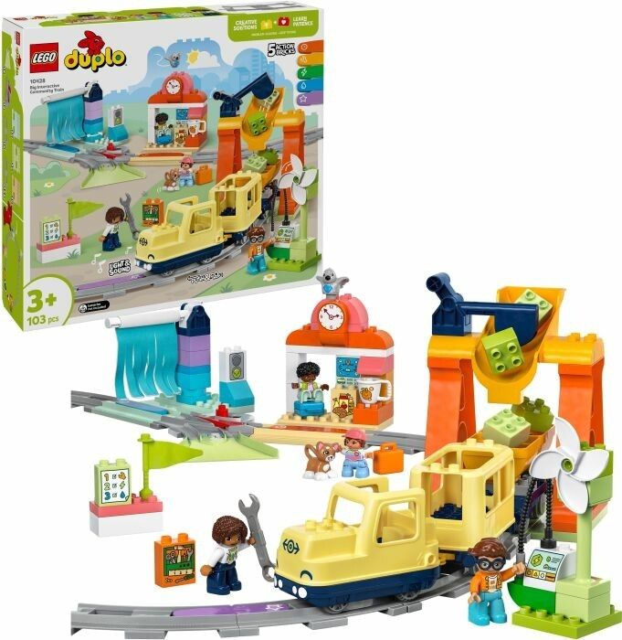 LEGO Duplo-Set mit gelbem Zug, Gleisen, Figuren und Zubehör. Verpackung mit Produktabbildung.
