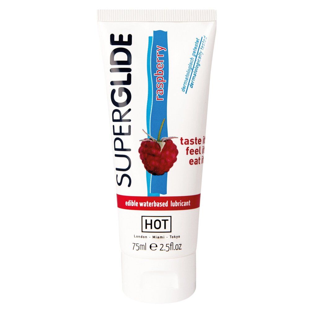 Weiße Tube mit roter Aufschrift SUPERGLIDE, Himbeer-Aroma. Enthält 75ml. Marke HOT. Dermatologisch getestet.