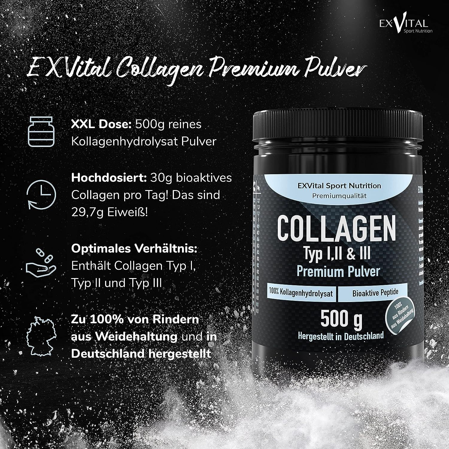 EXVital Collagen Pulver: 500g Dose, Kollagenhydrolysat, bioaktiv, aus Deutschland.