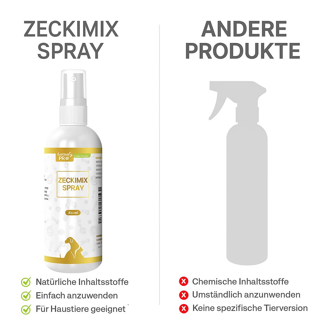 Vergleich: Zeckimix Spray-Flasche und graue Sprayflasche. Text: Natürliche Inhaltsstoffe, einfach anzuwenden, für Haustiere geeignet.
