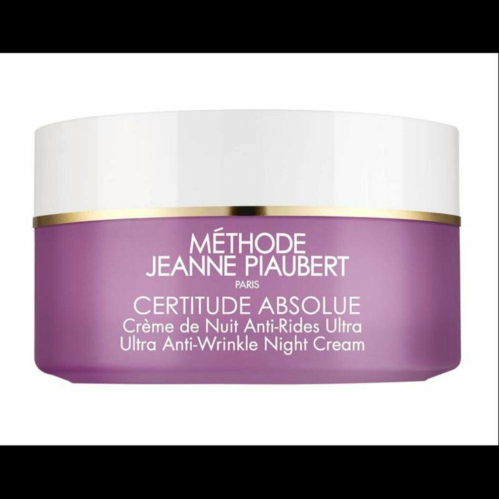 Creme-Dose mit weißem Deckel und lila Behälter. Aufschrift: Certitude Absolue, Crème de Nuit Anti-Rides Ultra. Marke: Jeanne Piaubert.