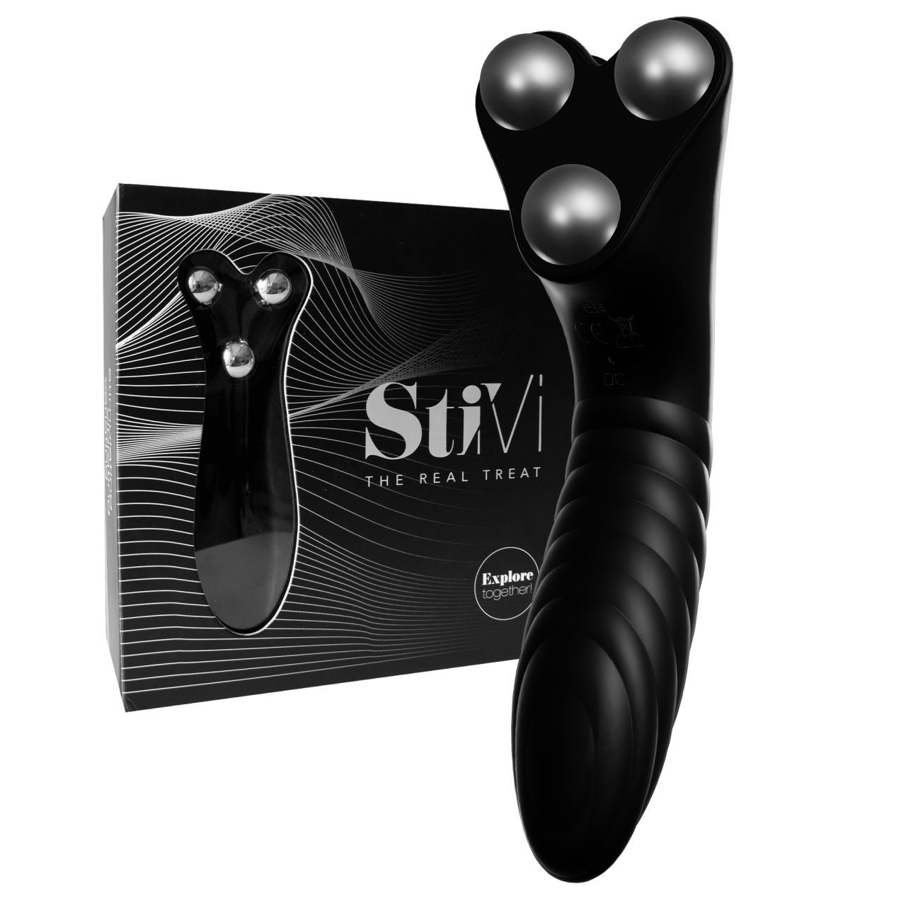 Schwarzer Vibrator mit drei Kugeln, neben Produktverpackung. Marke StiVi und Slogan 'THE REAL TREAT'.