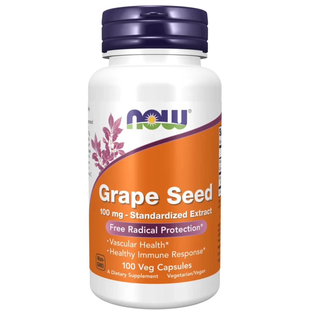 Weiße Flasche mit lila Deckel. Aufschrift: Grape Seed, 100 Veg Capsules. Marke: NOW. Orangefarbener Aufkleber mit Produktinformationen.