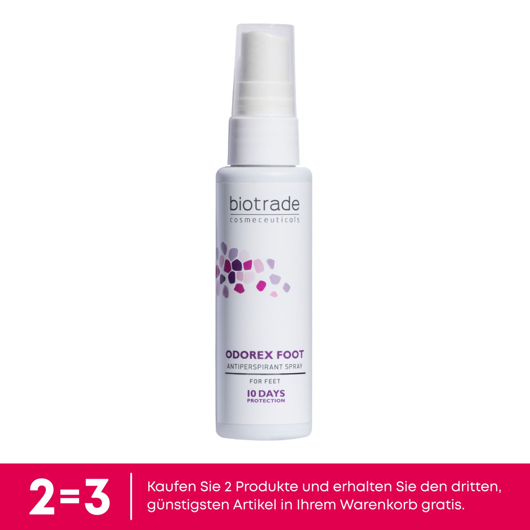 Weißes Spray mit Sprühkopf. Aufschrift: Biotrade, Odorex Foot, Antitranspirant Spray, For Feet, 10 Days Protection.