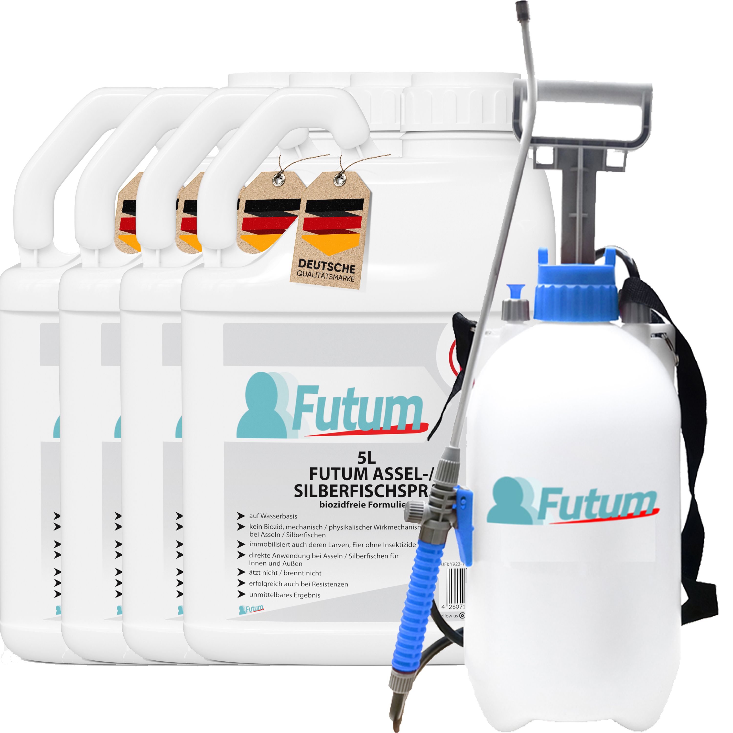 Fünf weiße Kanister mit Griffen, Etiketten und dem Schriftzug "Futum". Ein Sprühgerät mit blauem Sprühkopf und Tragegurt.