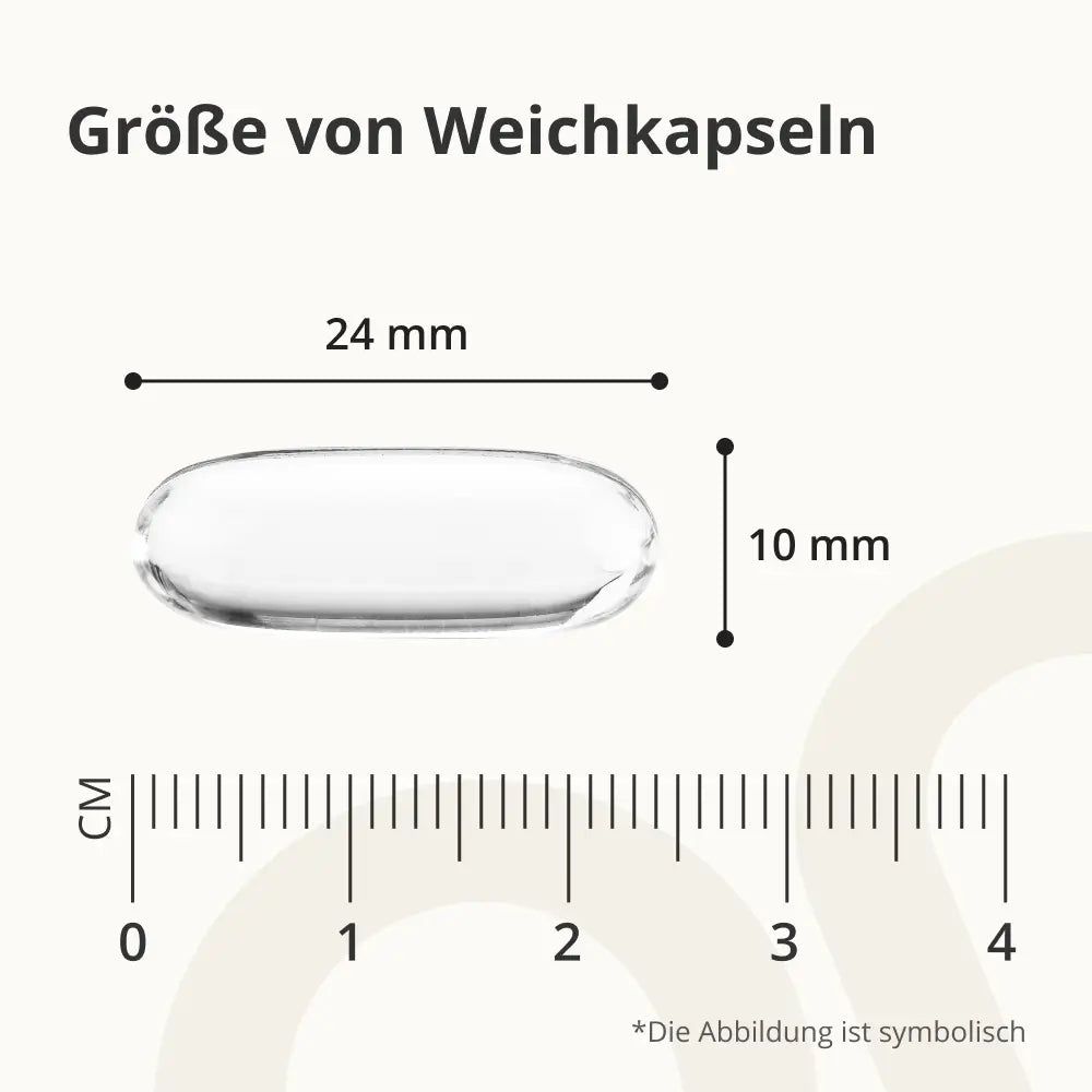 Nahaufnahme einer einzelnen OnEnergy Omega-3 Weichkapsel mit Größenangabe.