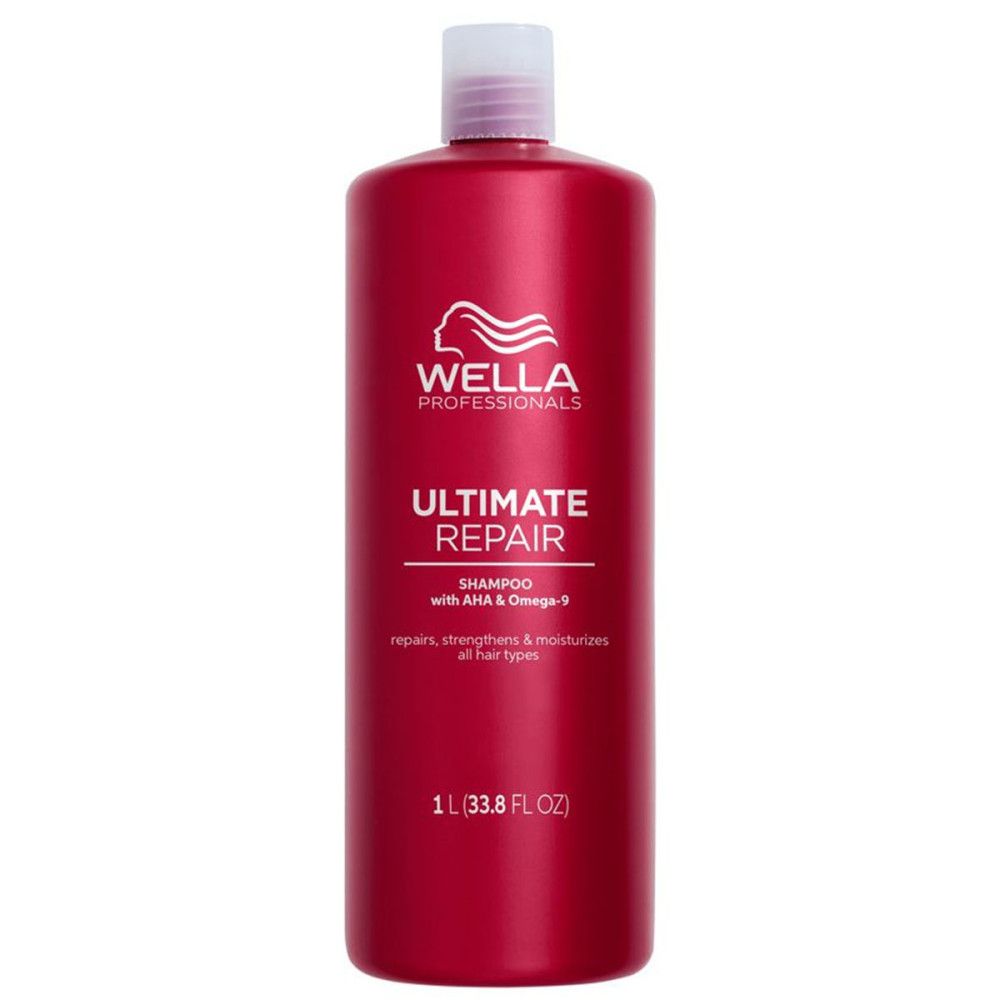Rote Shampoo-Flasche mit weißem Deckel. Aufschrift: Wella Professionals Ultimate Repair Shampoo. 1 L.