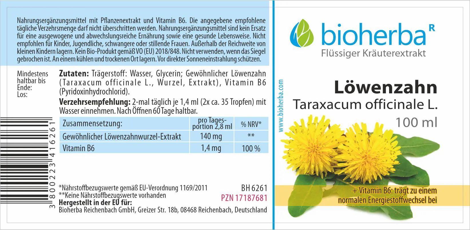 Etikett mit "Bioherba" und "Löwenzahn". Text und Abbildung von Löwenzahnblüten. Enthält Informationen zu Inhaltsstoffen.
