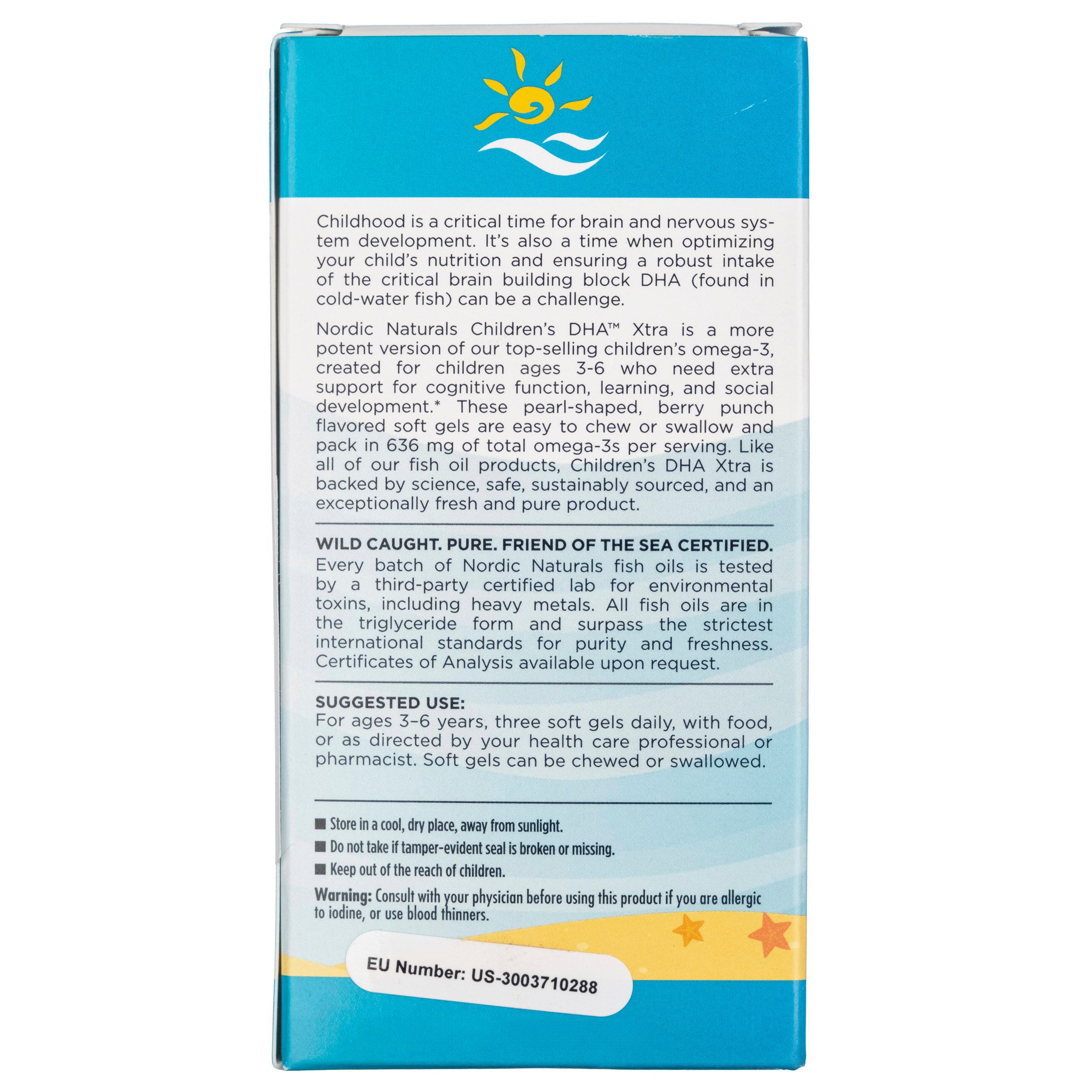 Verpackung für Nordic Naturals Children's DHA Xtra mit Informationen zu Inhaltsstoffen und Anwendung.