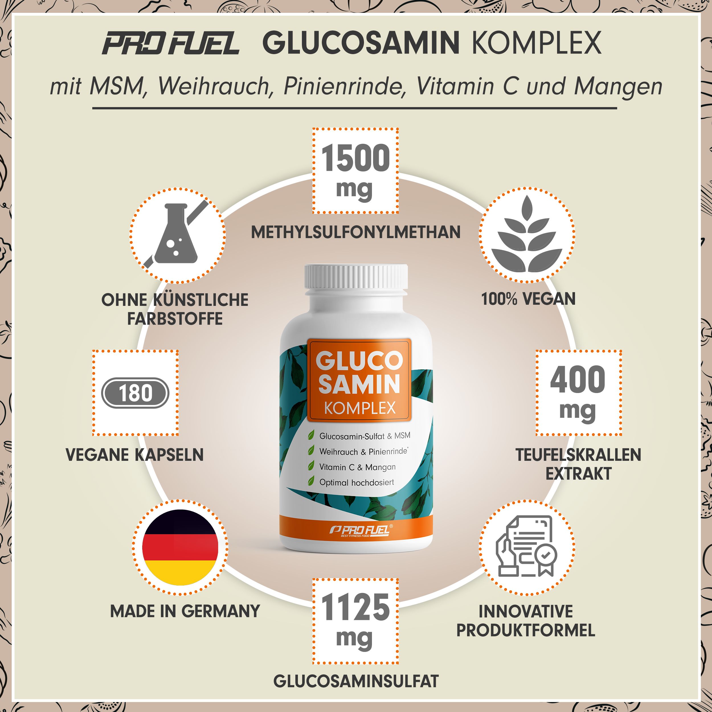 Weiße Flasche mit Kapseln. Aufschrift: Glucosamin Komplex. Enthält MSM, Weihrauch, Pinienrinde, Vitamin C und Mangan. Made in Germany.
