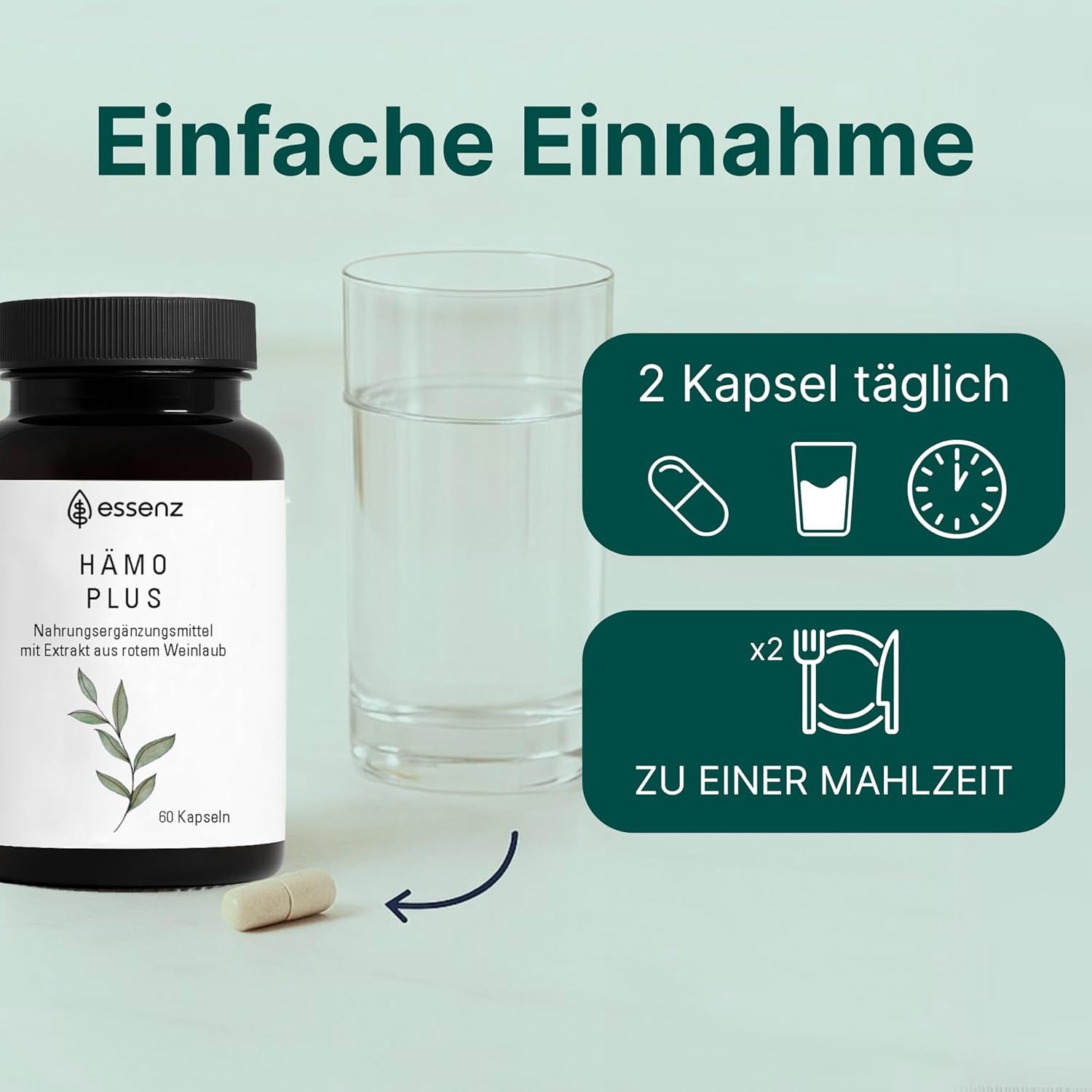 Braune Flasche ESSENZ Hämo Plus Kapseln, Glas Wasser, Kapsel daneben. Text: 2 Kapseln täglich zu einer Mahlzeit.