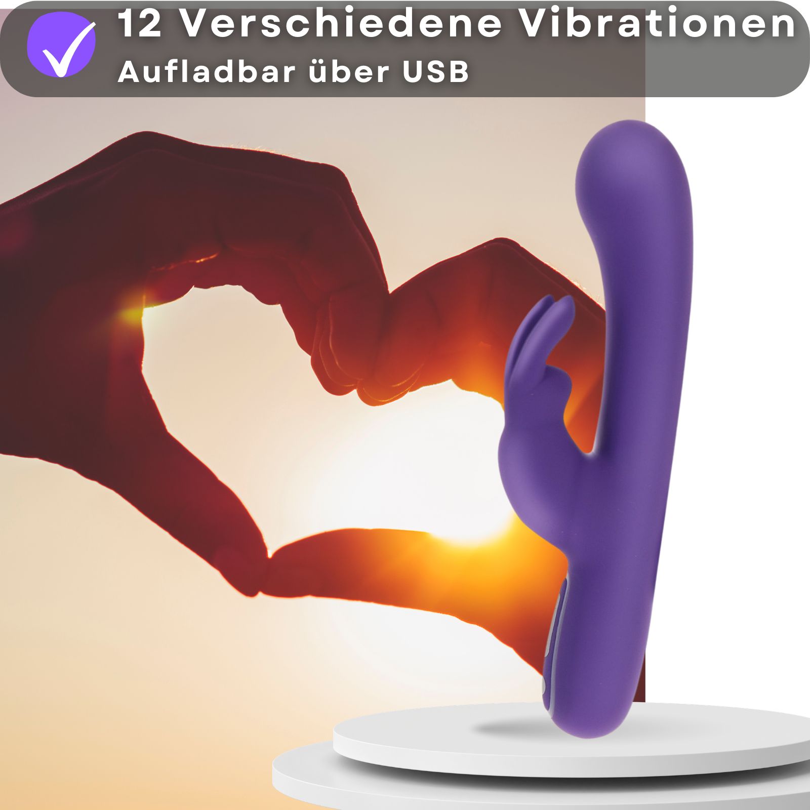 Lila Vibrator. 12 Vibrationen. USB aufladbar. Herz-Silhouette im Hintergrund.