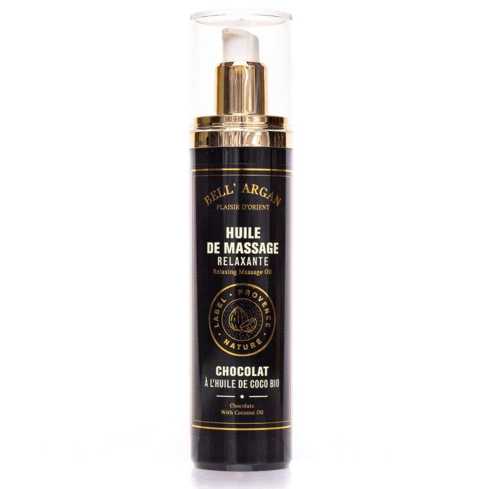 Schwarze Flasche mit goldfarbenem Pumpkopf. Aufschrift: "HUILE DE MASSAGE RELAXANTE". Logo: Label Provence Nature. Text: "CHOCOLAT".
