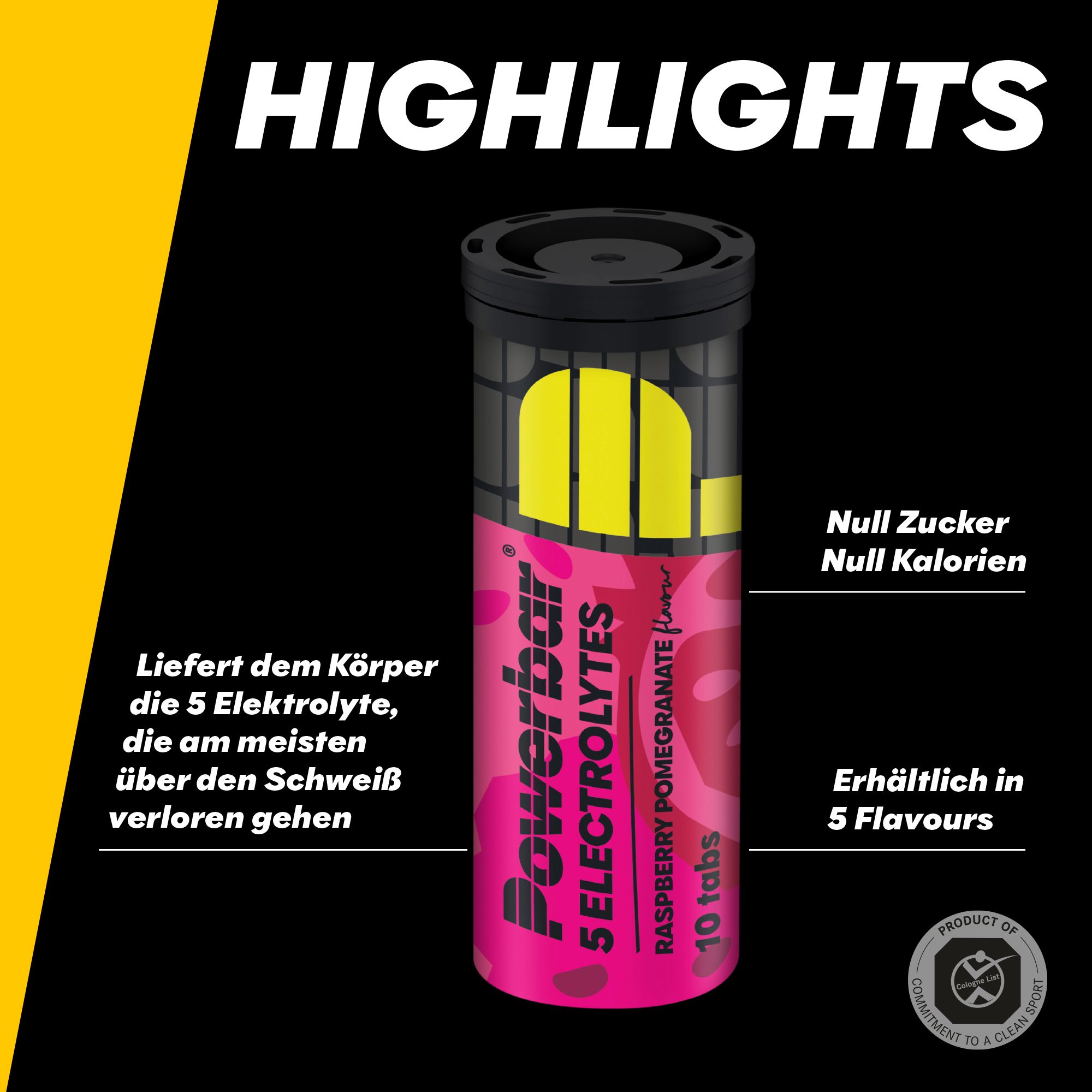 Powerbar 5 Electrolytes Dose, Himbeer-Granatapfel-Geschmack. Schwarzer Deckel, pinkfarbener Körper mit gelbem Logo. Text: Null Zucker, Null Kalorien.