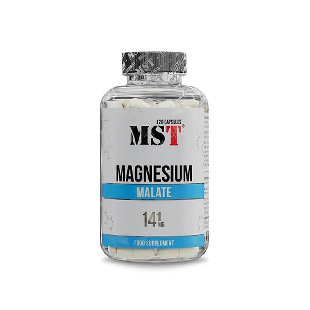 Transparente Flasche mit weißen Kapseln. Aufschrift MST MAGNESIUM MALATE. 120 Kapseln. Blaues Band. Schwarzer Deckel.