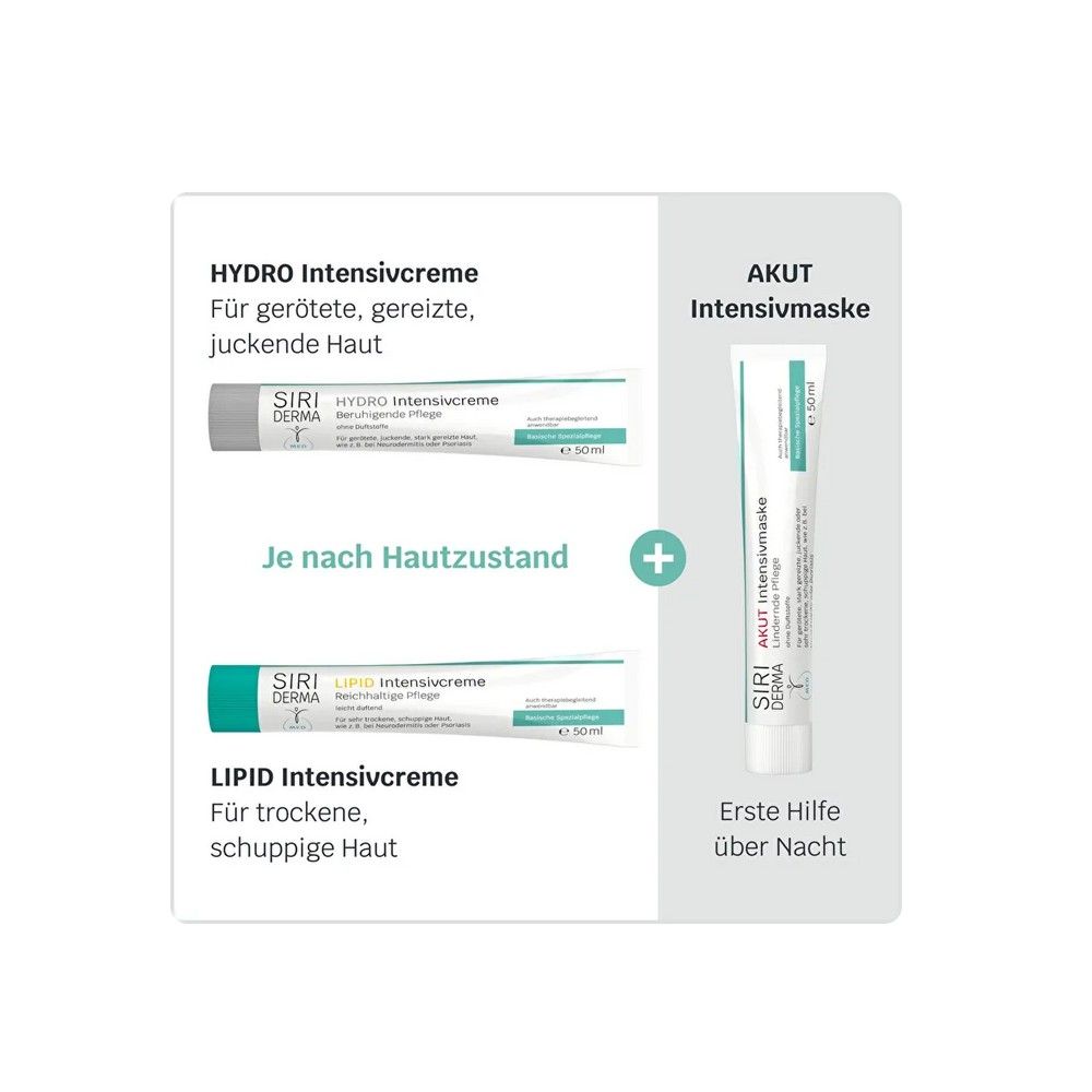 Vergleich von Siriderma HYDRO und LIPID Intensivcreme, plus AKUT Intensivmaske. Tuben mit Produktnamen und Logo.