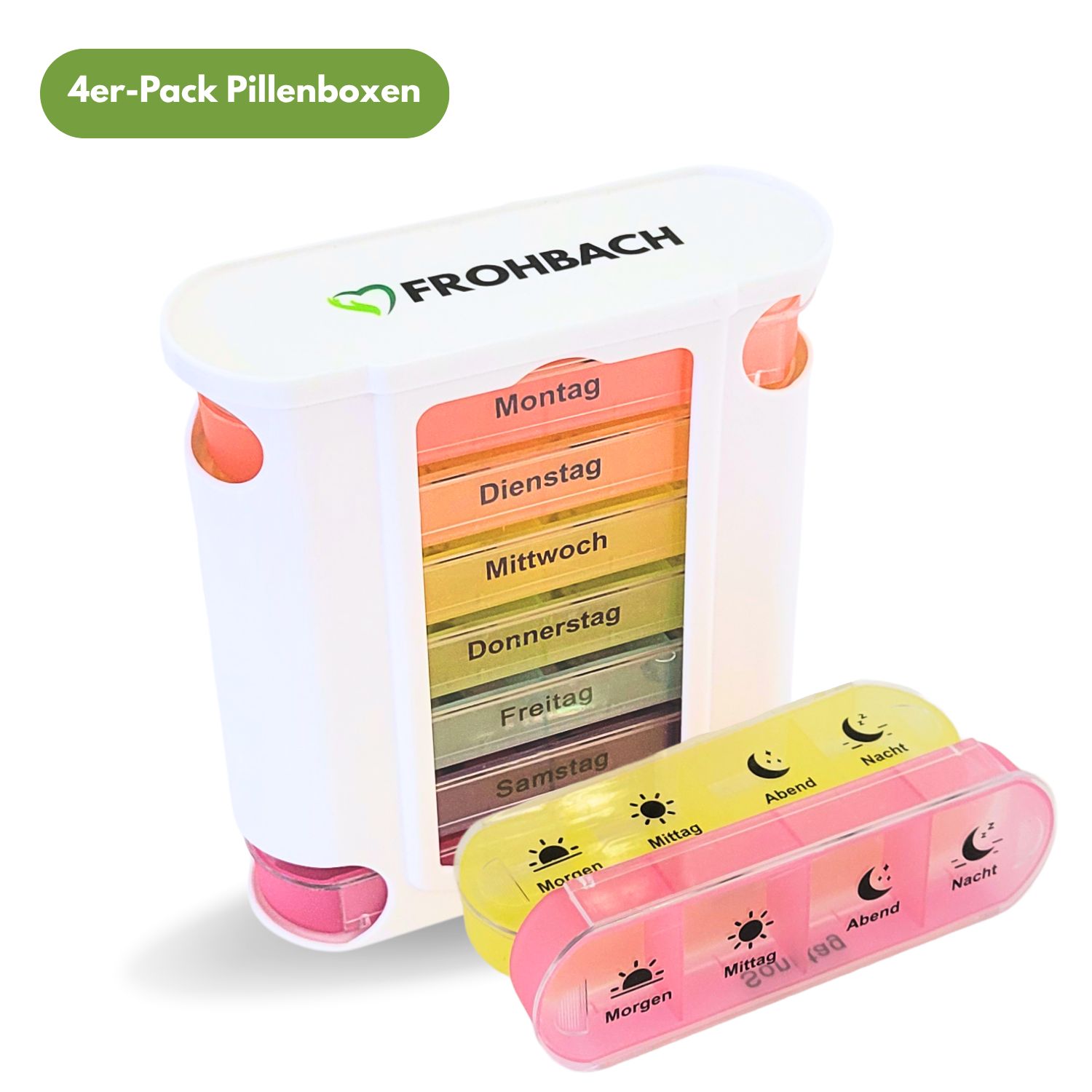 Tablettenbox-Set, weiß mit farbigen Fächern für Wochentage. Zwei kleine Boxen, gelb und rosa, liegen daneben.