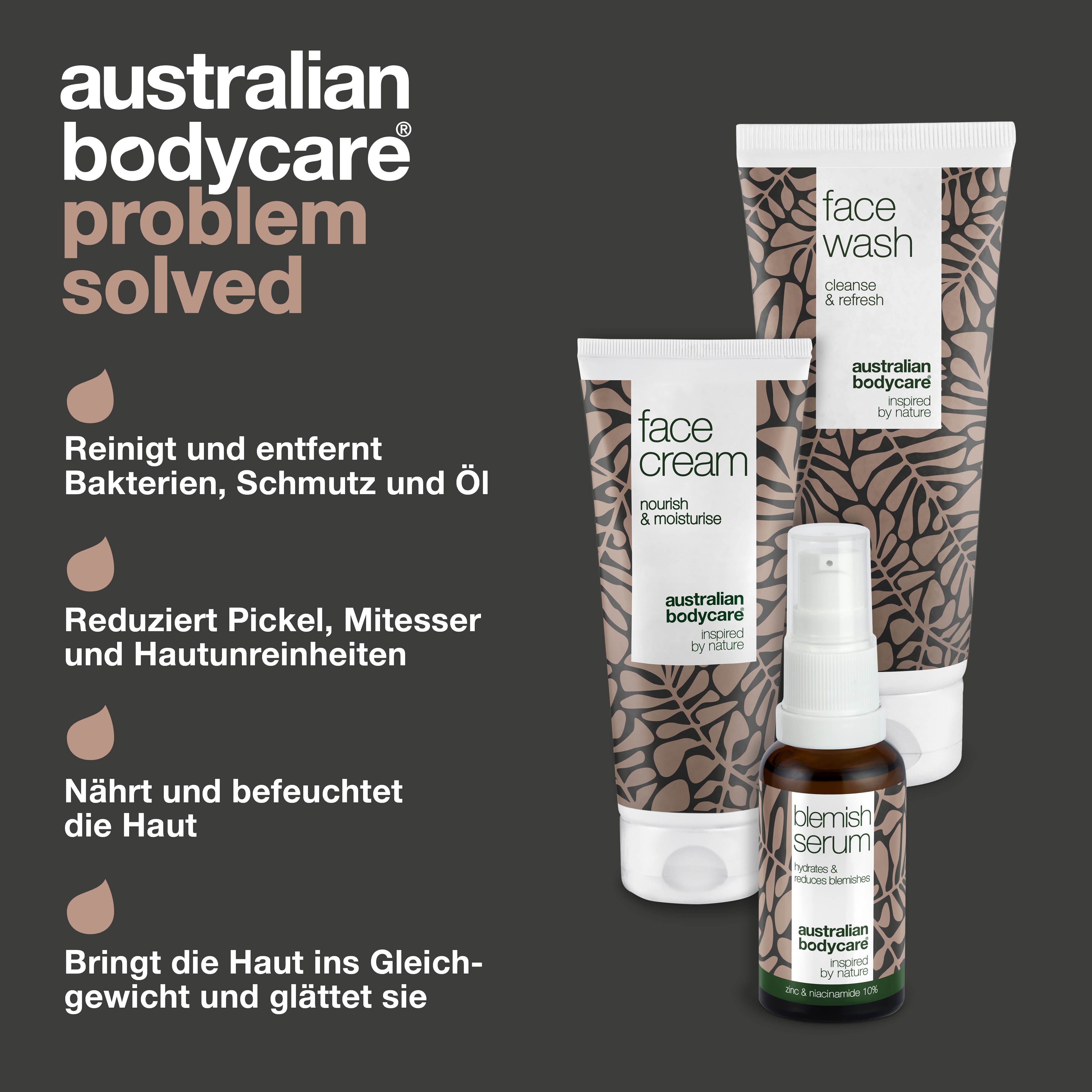 Grafik mit Text und Produkten. Produkte: Gesichtswäsche, Creme, Serum. Text: Problem gelöst.