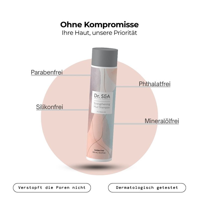 Produktflasche mit Text. Text: Ohne Kompromisse, Ihre Haut, unsere Priorität. Dr. SEA, Strengthening Mud Shampoo, Pro-Vitamin B5. Dermatologisch getestet.