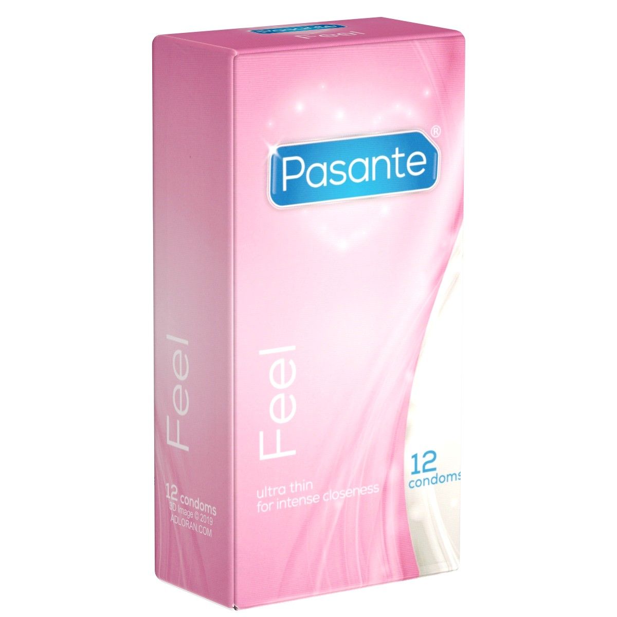 Rosa Schachtel mit 12 Kondomen. Aufschrift: Pasante Feel, ultra dünn.