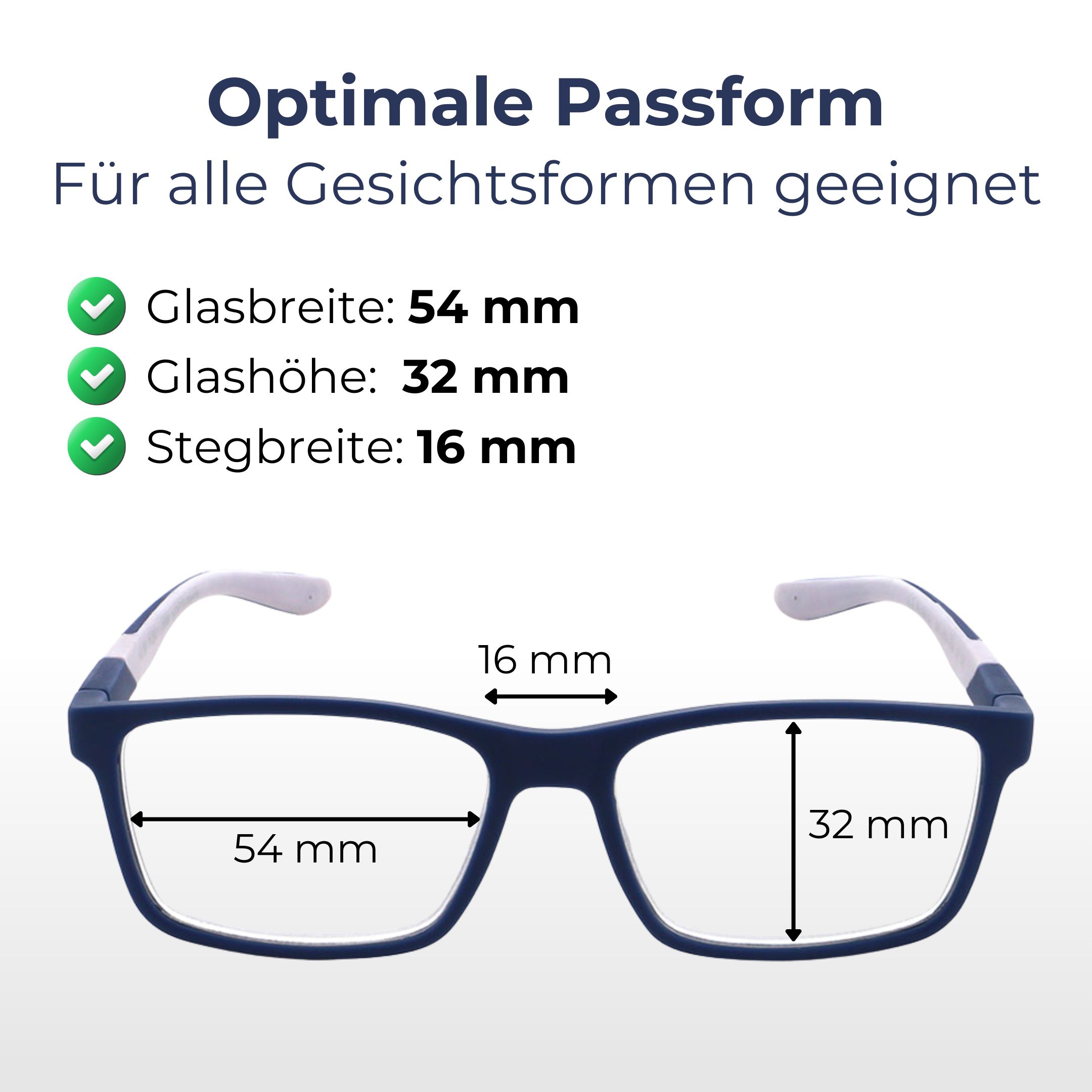 Brille mit blauem Rahmen, grauen Bügeln. Maße: Glasbreite 54 mm, Glashöhe 32 mm, Stegbreite 16 mm. Text: Optimale Passform. Für alle Gesichtsformen geeignet.