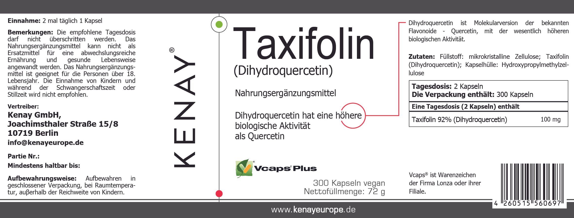 Nahaufnahme der Produktverpackung. Aufschrift: Taxifolin (Dihydroquercetin), Nahrungsergänzungsmittel. 300 Kapseln. Marke: KENAY.