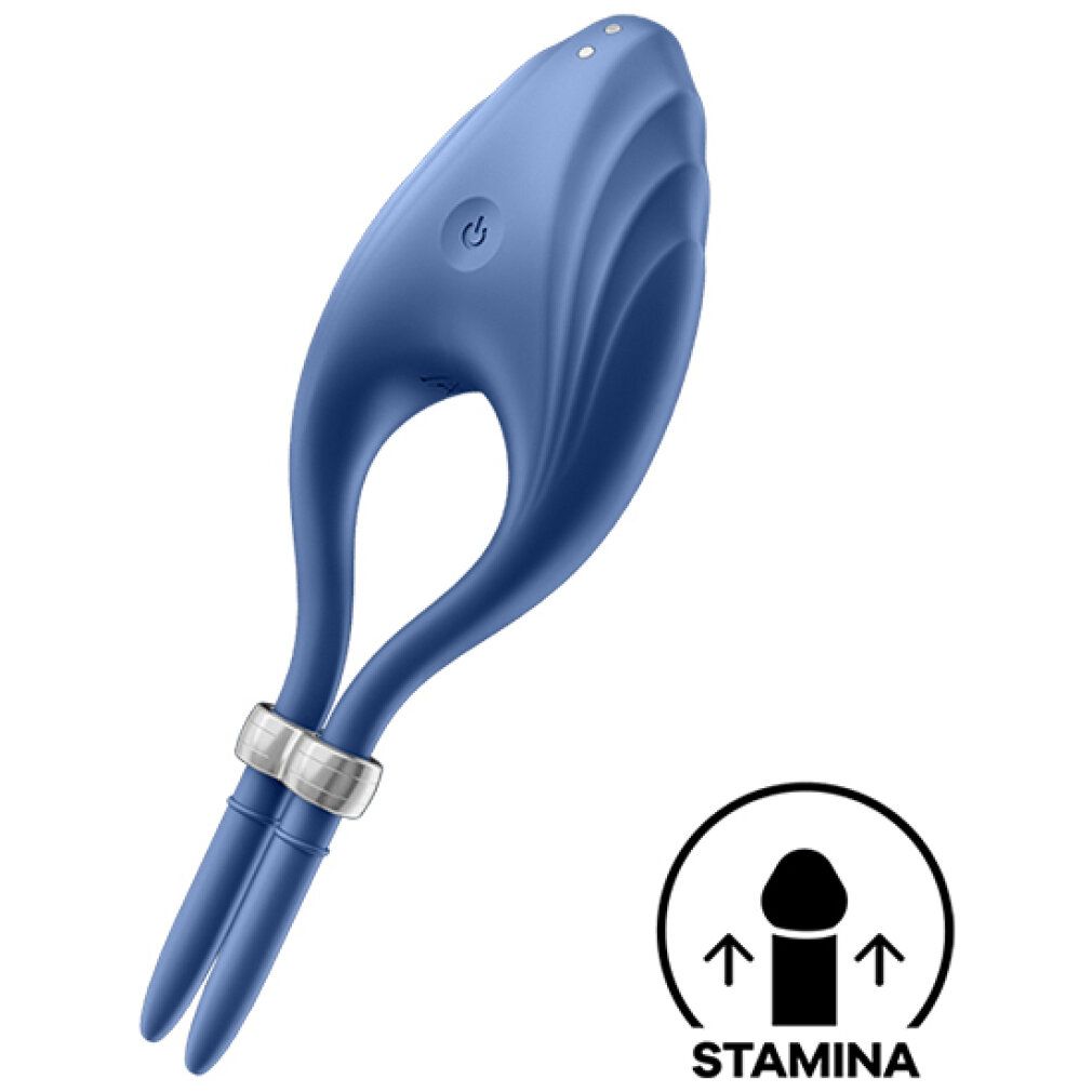 Blauer Vibrationsring mit silbernem Ring. Oben ein Knopf und drei Punkte. Rechts ein Symbol mit Pfeilen und dem Wort STAMINA.