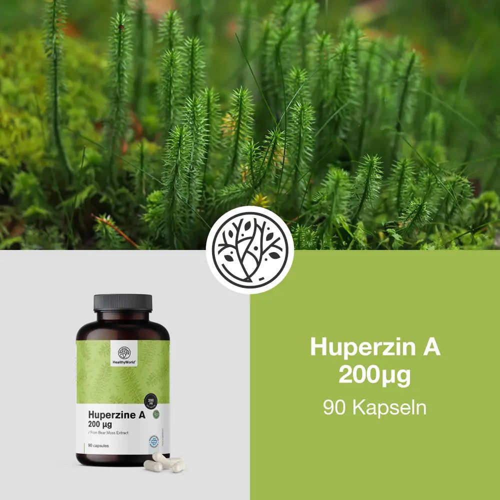 Produktabbildung mit Flasche und Kapseln. Hintergrund: grüne Pflanzen. Aufschrift: Huperzin A 200 µg, 90 Kapseln.