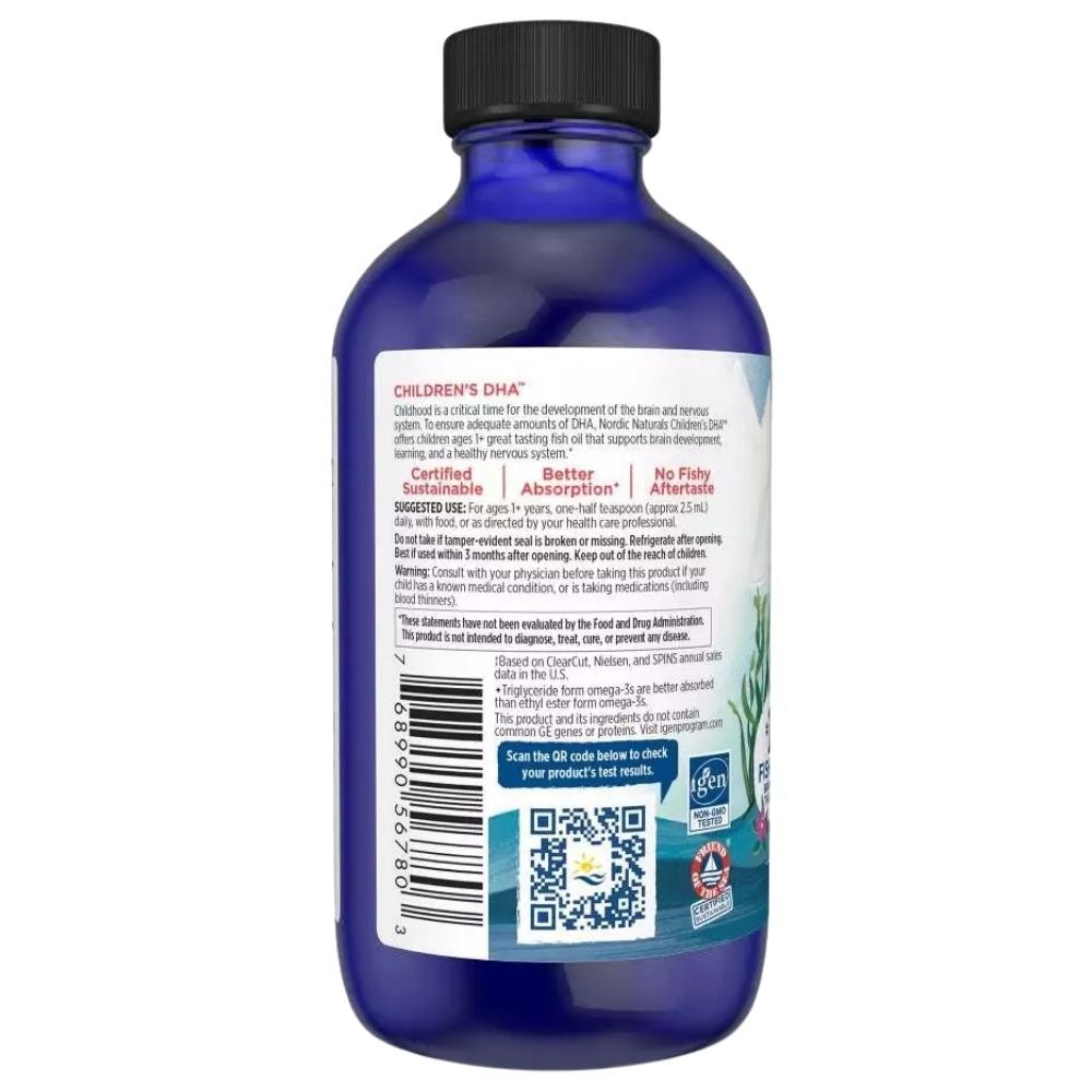 Rückseite der Nordic Naturals Kinder DHA Fischöl-Ergänzung in blauer Flasche mit Barcode und Zertifizierungen.