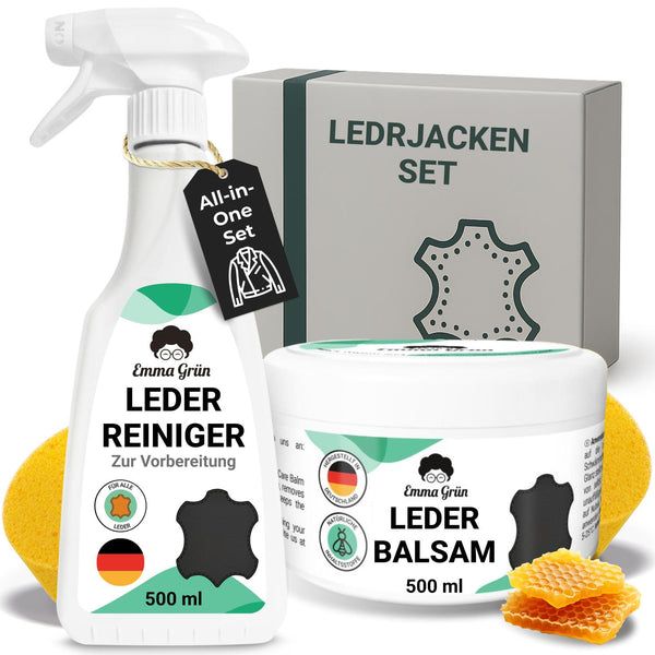 Set mit Lederreiniger, Balsam und Schwamm. Enthält 500 ml Reiniger und Balsam. Mit Logo und Label.